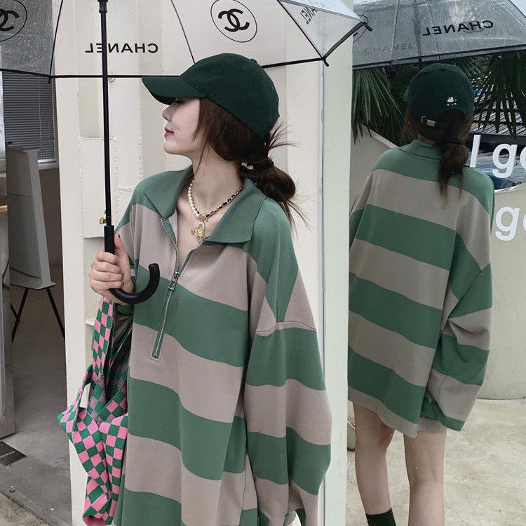 Áo Thun Sweater Cổ Polo Kẻ Sọc Dáng Rộng Có Size Lớn Dành Cho Nữ
