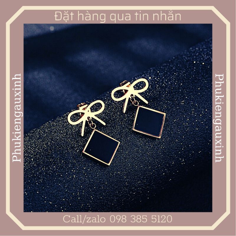 BT511 BÔNG TAI TITAN KHÔNG ĐEN CAO CẤP NƠ VUÔNG ĐEN