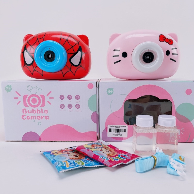 Bộ Đồ Chơi Máy Ảnh Bắn Bong Bóng Dùng Pin Phiên Bản Người Nhện/Hello Kitty Cực Chất