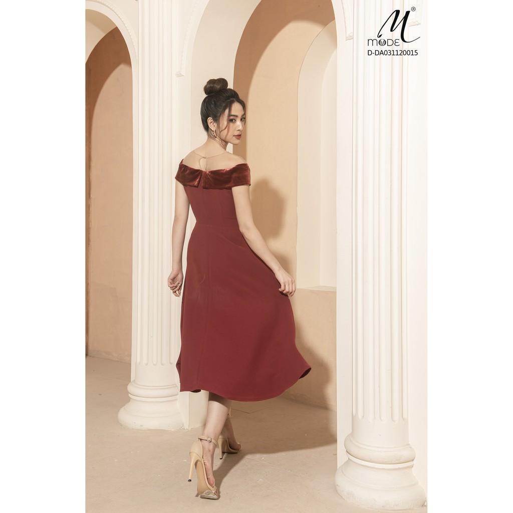 Đầm dáng xòe, trễ vai, phối hoa MMOutfit D-DA031220015