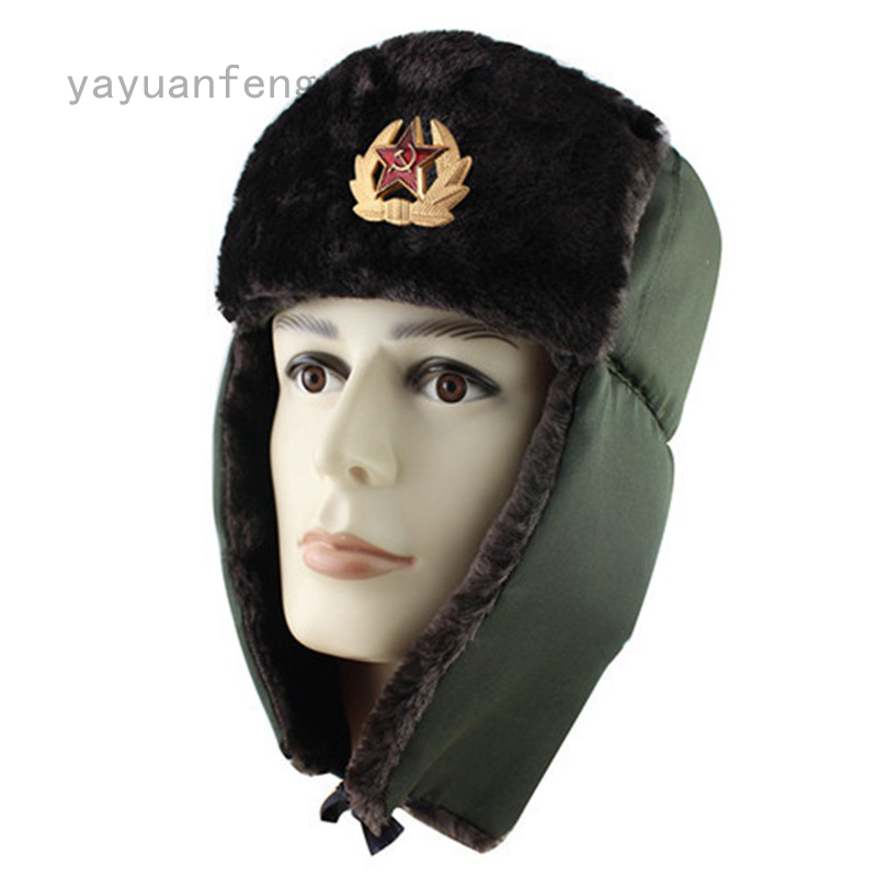 Yayuanfeng Soviet ushanka Mũ lông + huy hiệu USSR quân đội mùa đông