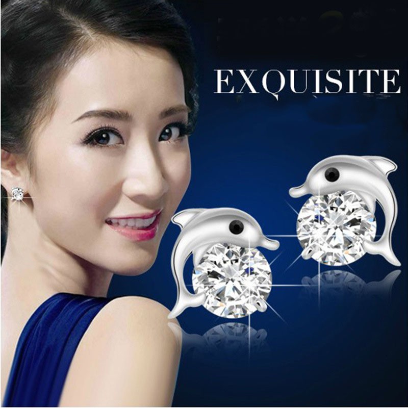 Bộ Trang Sức Vòng Cổ Và Khuyên Tai Nữ Hình Cá Heo Chất Liệu S925 Mạ Bạc Chống Dị Ứng