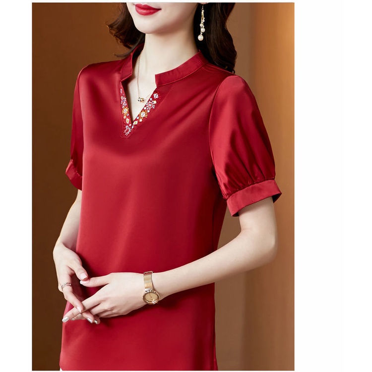 Áo Sơ Mi Voan satin Ngắn Tay Cổ Chữ V Màu Sắc Thanh Lịch Thời Trang Cho Phụ Nữ Trung Niên