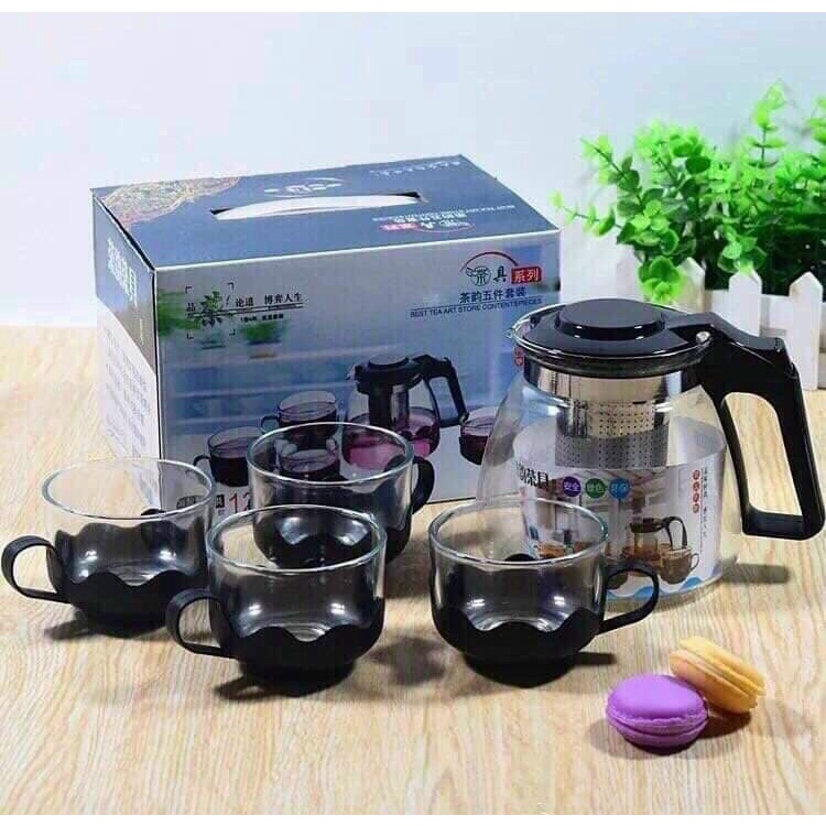 Bộ Bình Lọc Trà Thủy Tinh Kèm 4 Ly Lưới Lọc Inox 304 cực sang