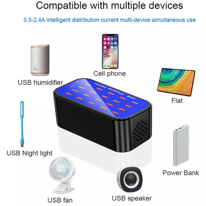 Ổ cắm USB 20 Cổng Sạc Để Bàn 100W  Đế Sạc Adapter