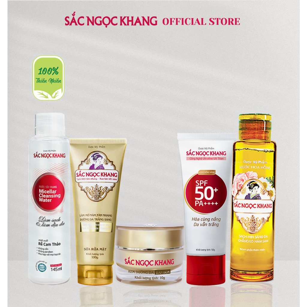 Combo dưỡng da Sắc Ngọc Khang 5 món [Kem đêm 10g+ Sữa rửa mặt 100g+ Nước hoa hồng 145+ Tẩy trang + Kem chống nắng 50g]