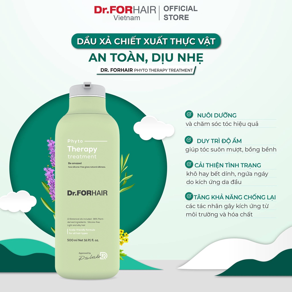 Dầu xả cho da nhạy cảm, Dầu xả dưỡng tóc chiết xuất thực vật, an toàn, dịu nhẹ Dr.ForHair Phyto Therapy Treatment 500ml