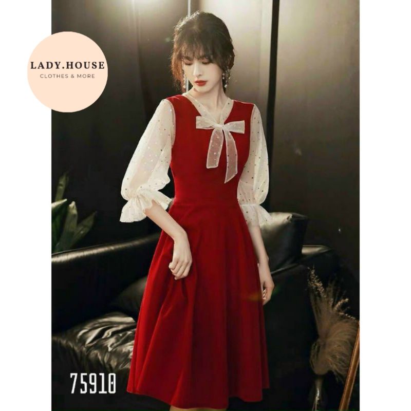 Váy suông tay phồng phối lưới đính sao, đầm công chúa FREESHIP cao cấp đỏ cực xinh 2021 - 75910