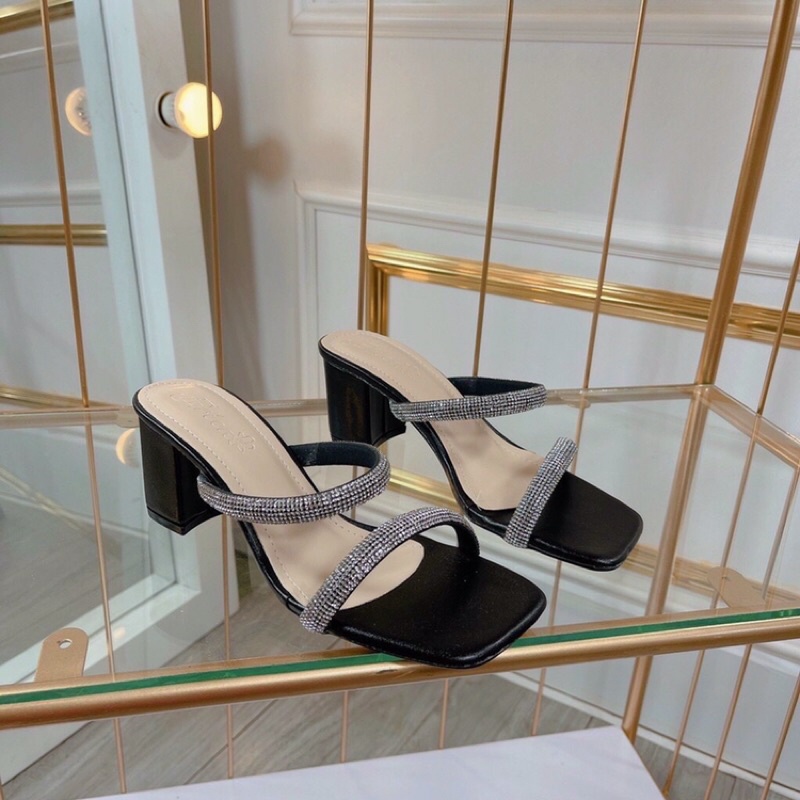 Guốc nữ cao gót mũi vuông hai quai đá sáng lấp lánh gót vuông 5cm