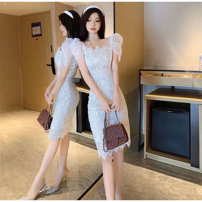 Đầm body ren tay phồng