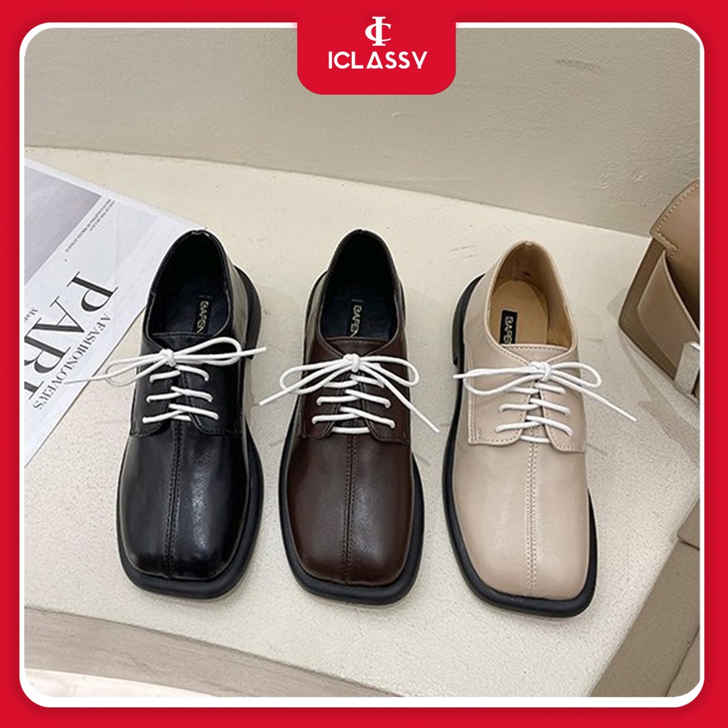 Giày Nữ Ulzzang Vintage, Giày Oxford Doctor Mũi Vuông Da Mềm Thắt Dây Trắng Đế Độn 3cm, Hàn Quốc - Iclassy_shoes