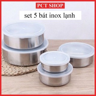 Set 5 bát inox có nắp đậy, mang đồ ăn, để tủ lạnh tiện dụng - Hộp trữ đông lạnh 5 kích cỡ