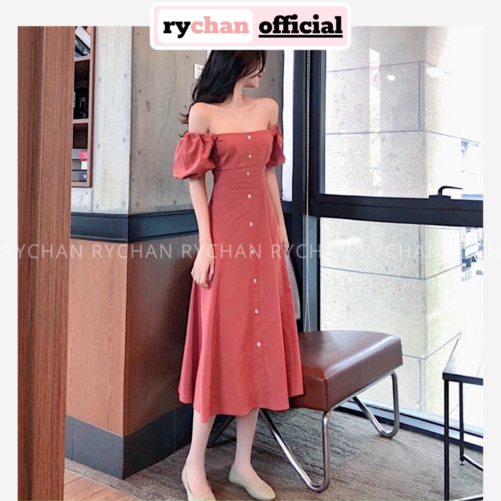 Đầm Xòe Midi Hồng Bẹt Vai Tay Phồng Bo Chun  - DX0088