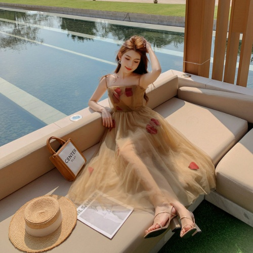 Đầm voan 2 dây hoa, váy voan 2 dây họa tiết hoa vải voan lụa hàng quảng châu cao cấp - Mia Shore