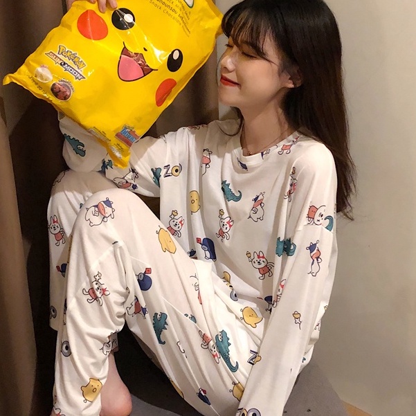 Bộ đồ ngủ pajamas cổ tròn dài tay in hình mèo đáng yêu thời trang cho nữ