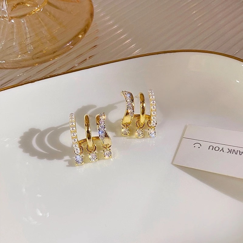 Khuyên Tai Hình Học Nhiều Lớp Đính Đá Zircon Phong Cách Hàn Quốc Mới Cho Nữ