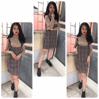 Set váy yếm dạ + áo len tăm