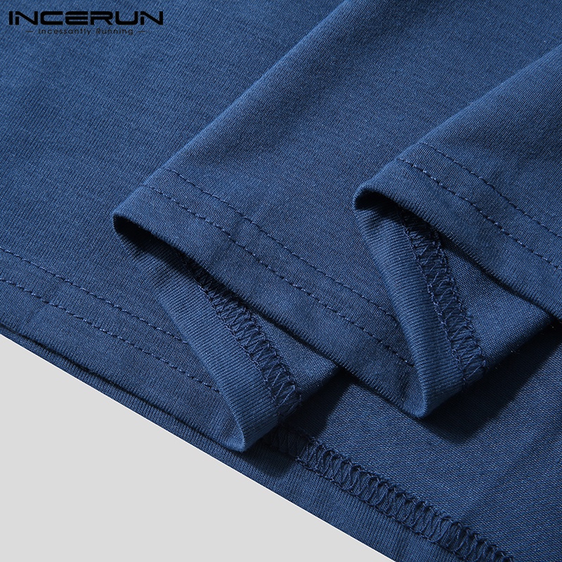Áo thun INCERUN cotton tay lỡ cổ tròn màu trơn thời trang mùa hè cho nam giới