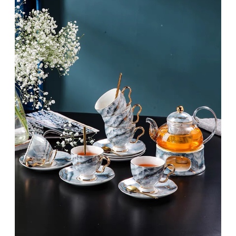 Ấm Chén Giữ Nhiệt Sứ Xương Cao Cấp Kèm Hộp. Bình Pha Bếp Đun Giữ Nhiệt Màu Vân Đá Cao Cấp. Ấm Pha Trà Có Bếp Đun