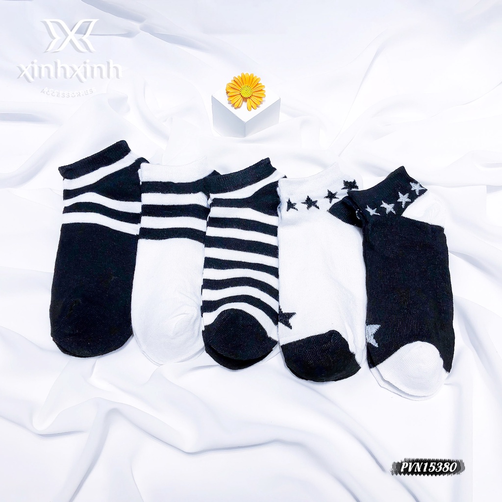 Tất cổ ngắn, Set 5 đôi màu sắc/đen trắng co giãn - Xinh Xinh Accessories