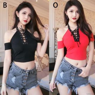 Áo thun croptop trễ vai tay ngắn phối dây quyến rũ cho nữ