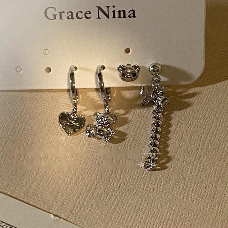 Bông Tai Hình Gấu Phối Dây Xích Phong Cách Harajuku Cá Tính