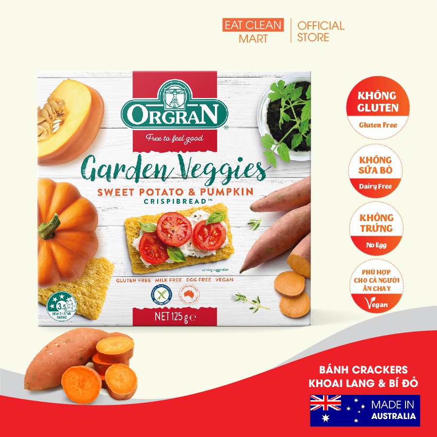 Cracker Bánh Khoai Tây, Bí Đỏ Orgran-GLUTEN FREE Garden Veggies Sweet Potato &amp; Pumpkin Crispbread - Hộp 125g