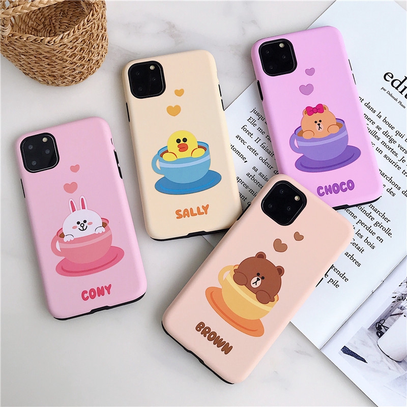 2 in 1 Shockproof iPhone Case Line Friends Cup Brown & Cony & Sally & Choco Pattern Cover for iPhone 11/11 pro/11 pro max /X XS MAX XR/SE2020 iPhone 6 7 8 Plus