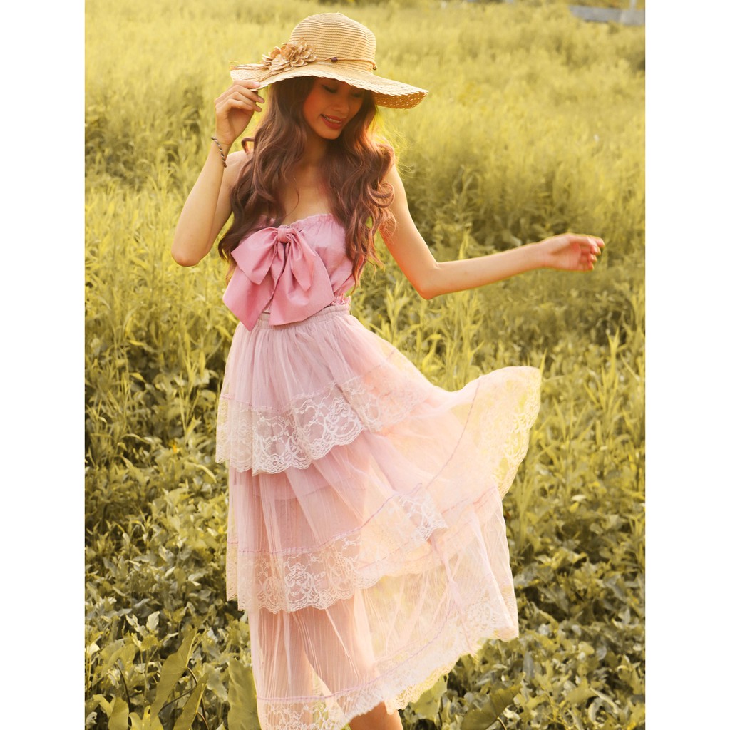 SET hotgirl bánh bèo tiểu thư áo croptop nơ cách điệu chân váy dáng xòe 3 tầng lưới tutu đẹp xinh giá rẻ teen đi biển #5