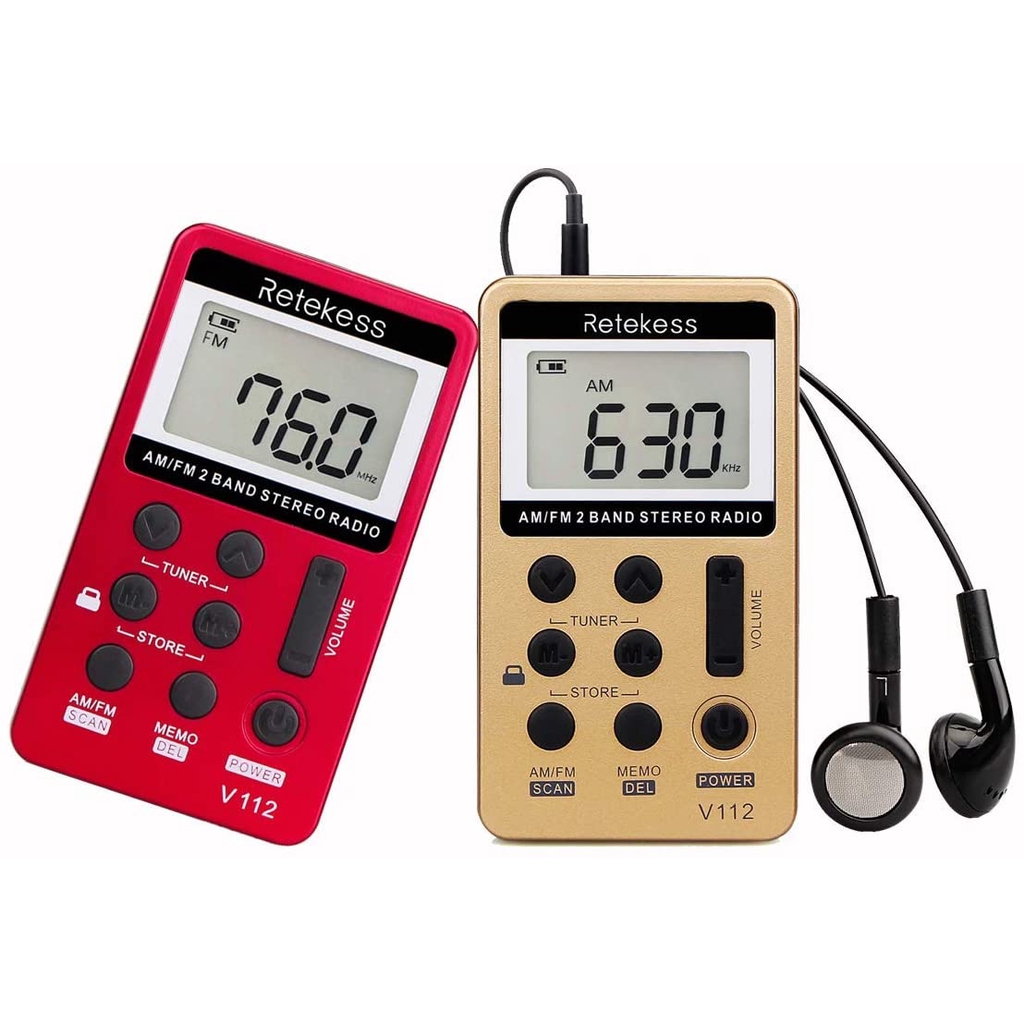 Radio AM FM Mini Bỏ Túi Retekess V112 Kèm Pin Sạc Và Tai Nghe Màu Vàng Đồng/Đỏ