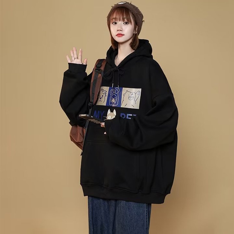 IELGY     Áo Hoodie Dáng Rộng In Họa Tiết Hoạt Hình Phong Cách Hàn Quốc Cho Nữ