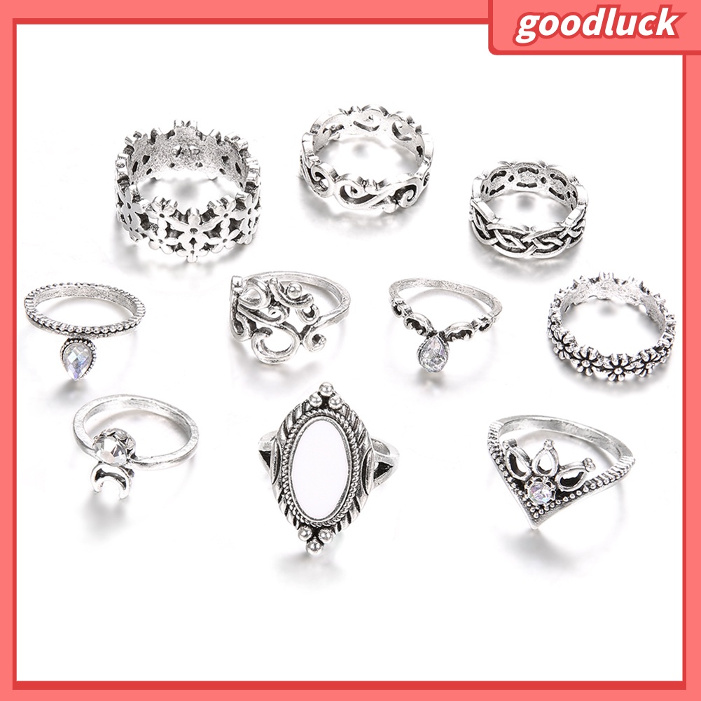 Bộ 10 nhẫn đeo đốt ngón tay đính đá mắt mèo giả thời trang cho nữ