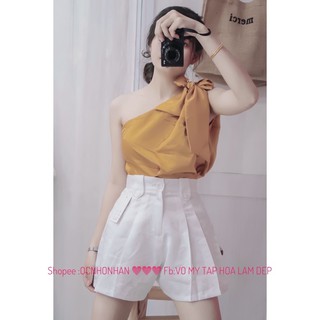 set áo lệch vai lụa nơ phôi quần short