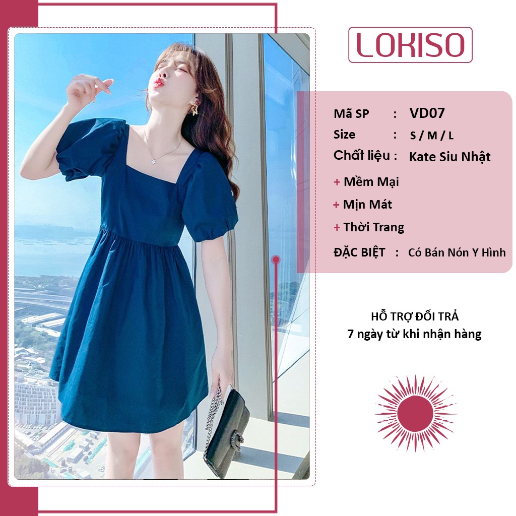 Đầm babydoll nữ ulzzang tay phồng ngắn bigsize cổ vuông LOKISO VD07