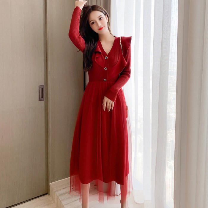 Đầm len phối voan tiểu thư sang chảnh váy len montoghi