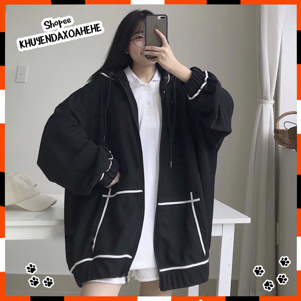 A006 Áo khoác nỉ nam nữ form rộng unisex ,Hoodie Zip đen chỉ nổi trắng có mũ thể thao có thể dùng làm áo chống nắng cute