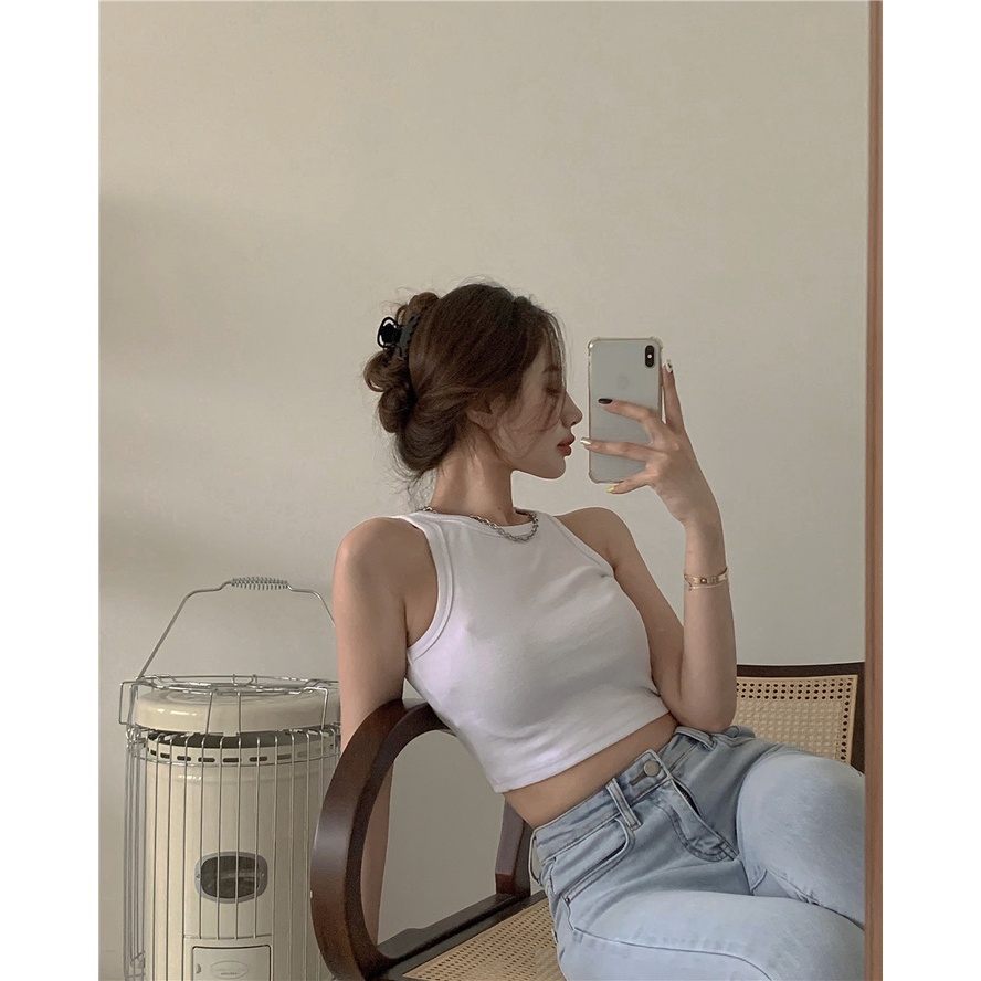 Cocory vn Áo kiểu croptop sát nách màu trơn dễ phối đồ thời trang dành cho nữ