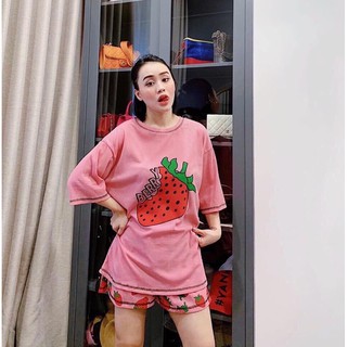 Đồ bộ thun viền trái dâu mặc nhà siêu cute hàng Qc