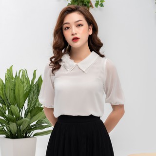[ Hàng thiết kế - Freeship toàn quốc giảm giá cực sốc ] Áo sơmi croptop công sở cổ sen trắng thêu hoa Thảo Fashion