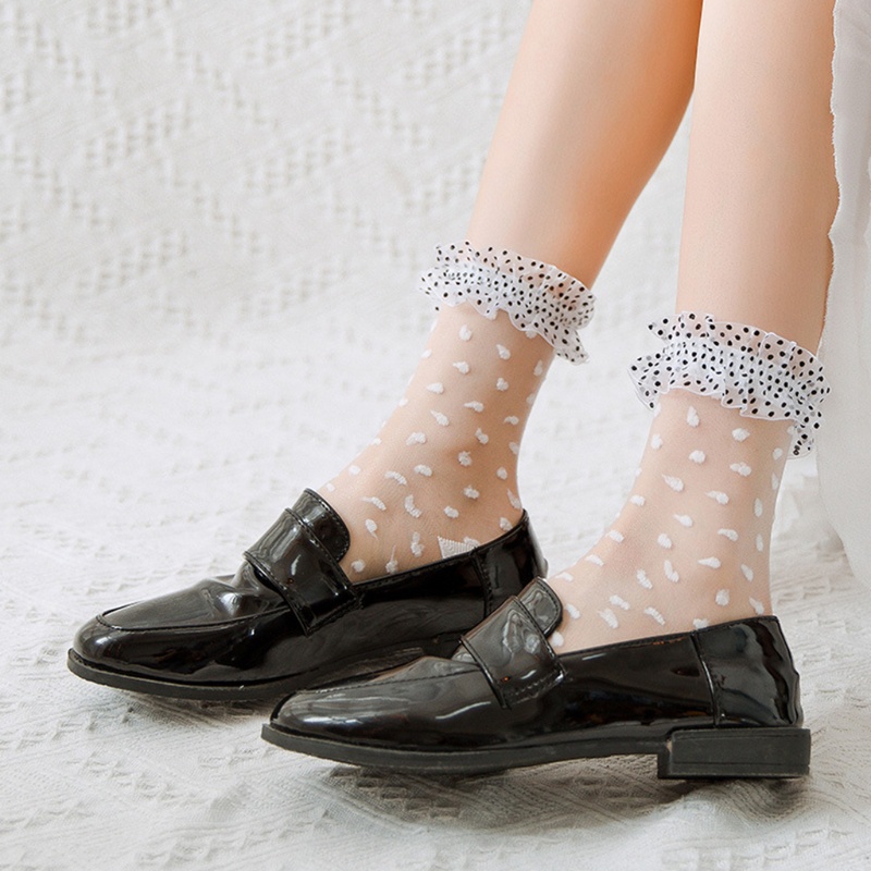 Youyo Vớ Lolita Sợi Thủy Tinh Mỏng Phối Ren Xuyên Thấu Chấm Bi Ngang Mắt Cá Chân Ngọt Ngào Harajuku Retro Mùa Hè Cho Nữ