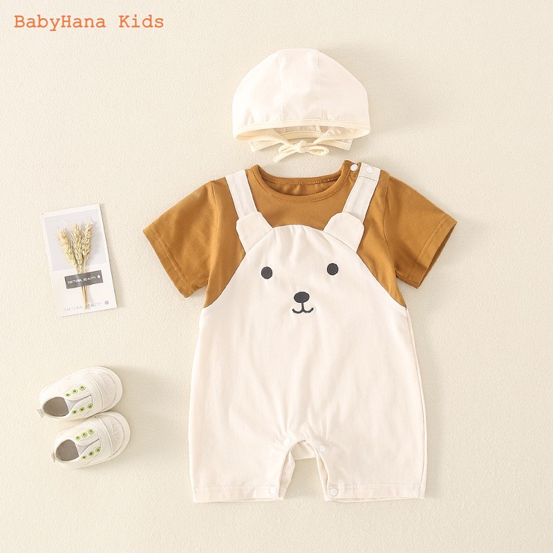 Bộ Bodysuit cho bé, body yếm kèm mũ hình gấu cho bé trai bé gái từ 0-12 tháng