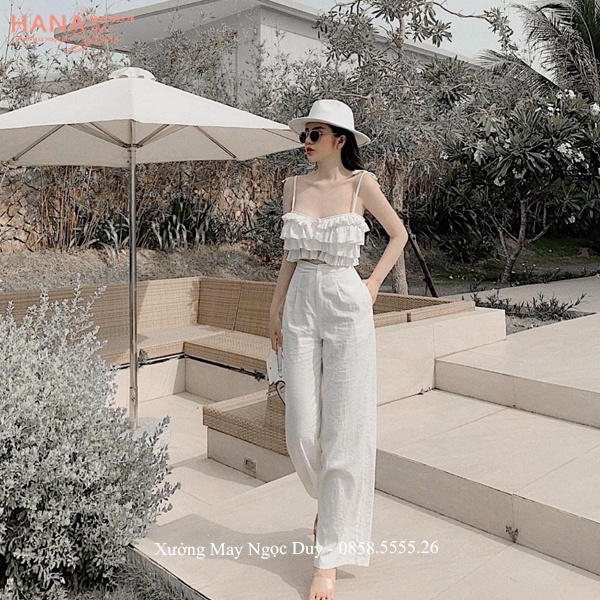 Quần đũi trắng nữ ống rộng dài 100cm khóa thật cạp chun sau kiểu quần Culottes đũi ống rộng dáng suông dài đi biển ở nhà