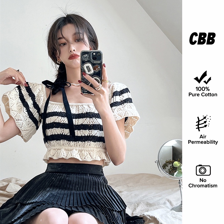 Porozi  Áo sơ mi croptop dệt kim  ngắn tay cổ vuông họa tiết kẻ sọc thời trang Hàn Quốc cho nữ