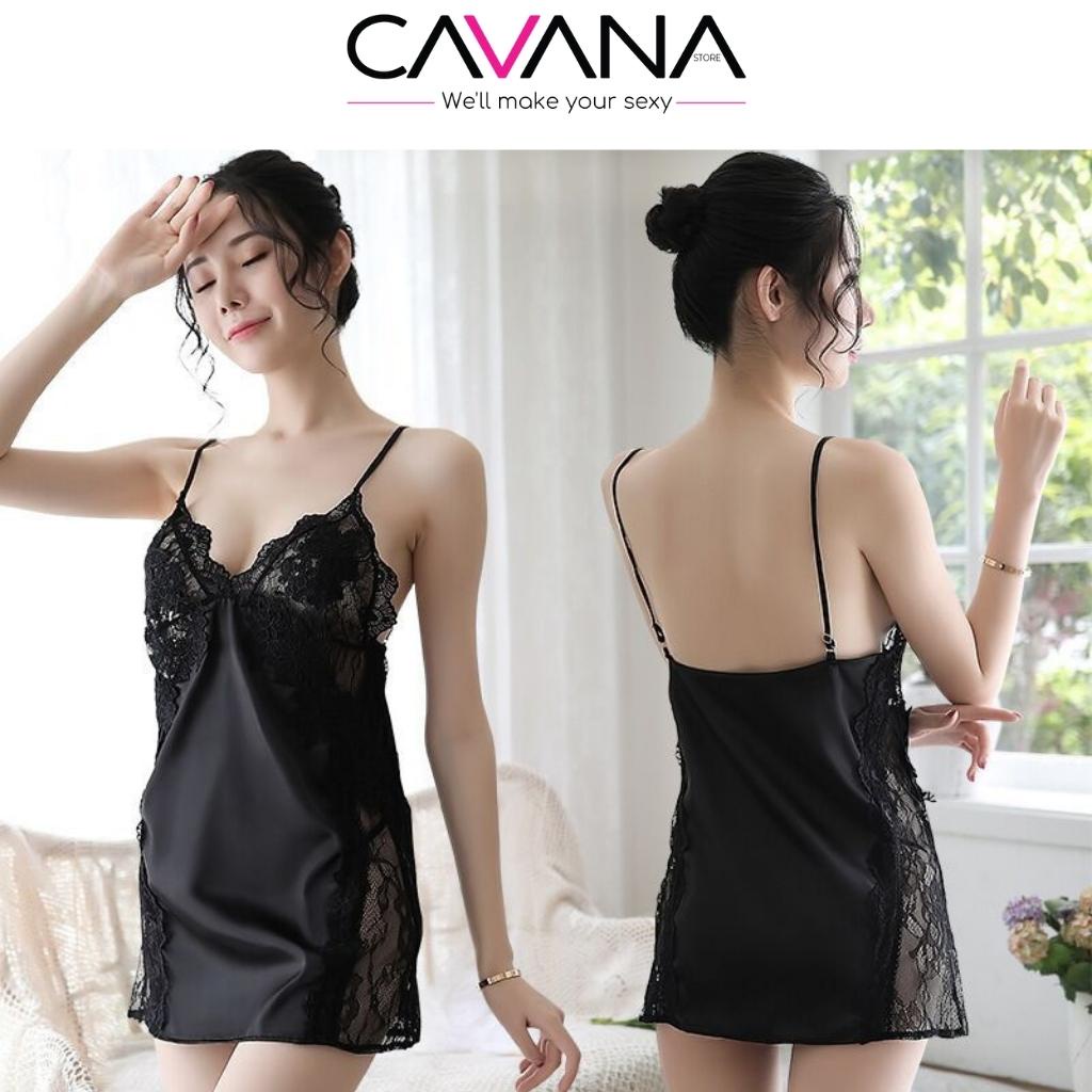 Đầm ngủ 2 dây, váy ngủ cao cấp lụa satin sexy gợi cảm 2 dây sang trọng phối ren xuyên thấu N12 - CAVANA STORE