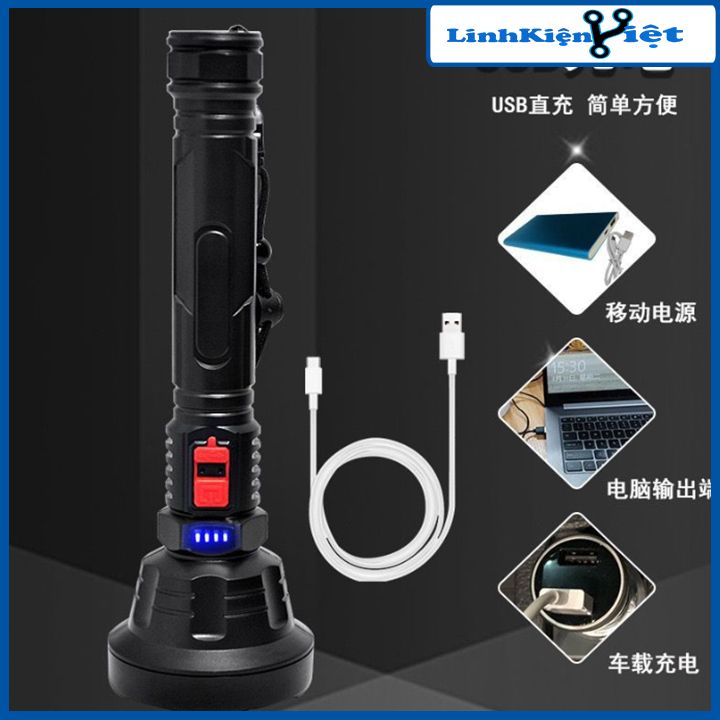 Đèn pin P700 công suất 10W pin 18650 cáp sạc USB chống nước siêu sáng làm đèn cắm trại, chiếu sáng
