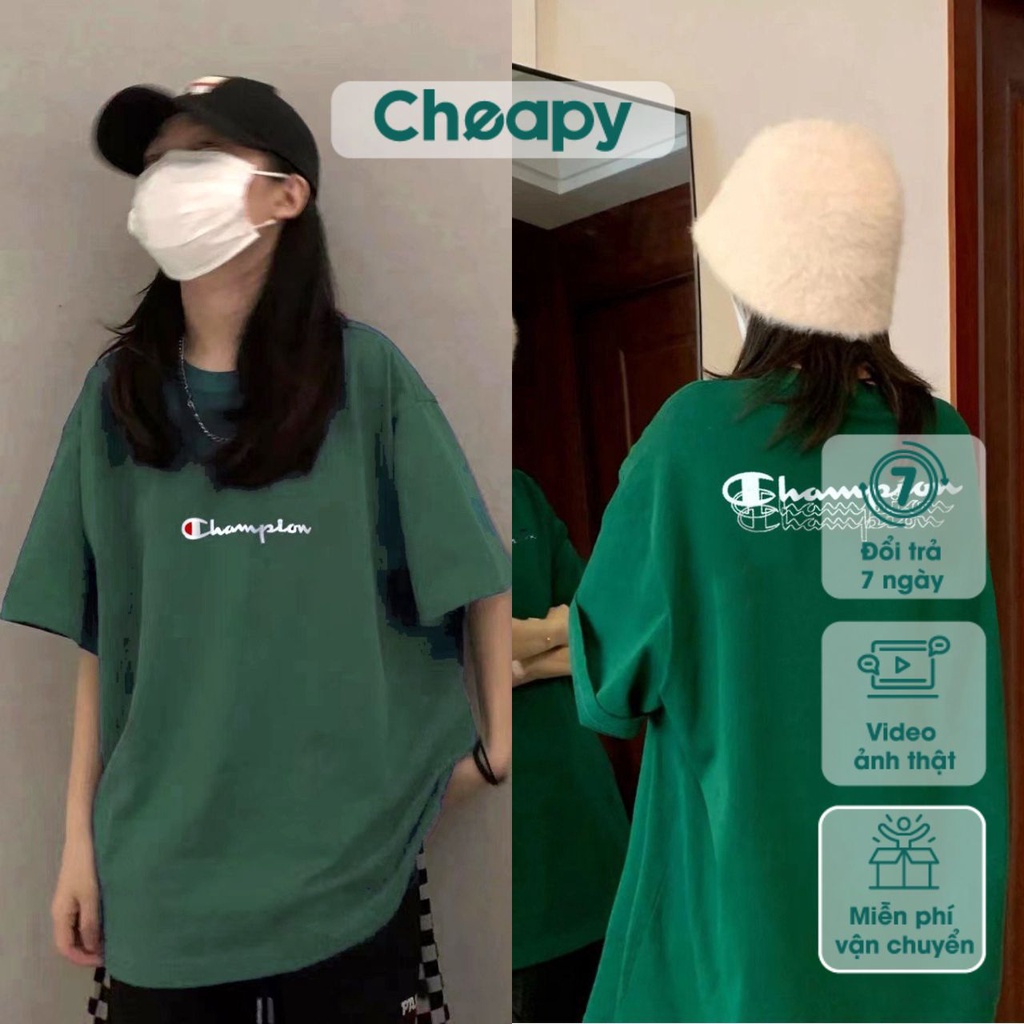 Áo thun tay lỡ Cheapy cổ tròn phông unisex nam nữ màu xanh lá hottrend freesize cotton co giãn form rộng Champion