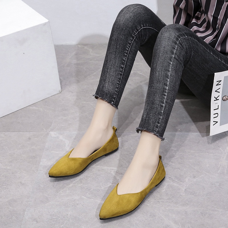 Giày búp bê đế bằng mũi nhọn màu trơn thời trang Hàn Quốc dành cho nữ