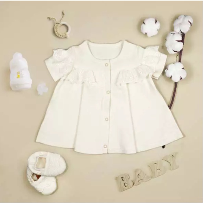 Quần áo trẻ em Bobicraft - Áo đầm trắng phối ren bé gái - Cotton hữu cơ organic an toàn