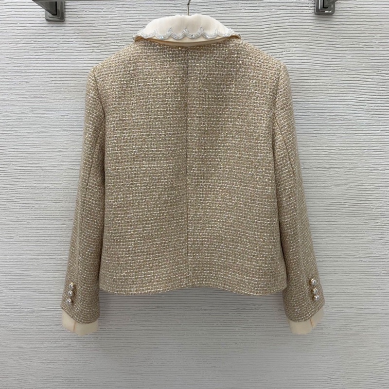 Bộ dạ tweed nữ gồm áo khoác cổ bèo và chân váy ngắn thương hiệu thời trang cao cấp Miu Miu
