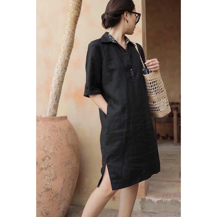 Đầm suông linen tay lỡ nẹp pha cổ đức túi sườn, thời trang phong cách trẻ